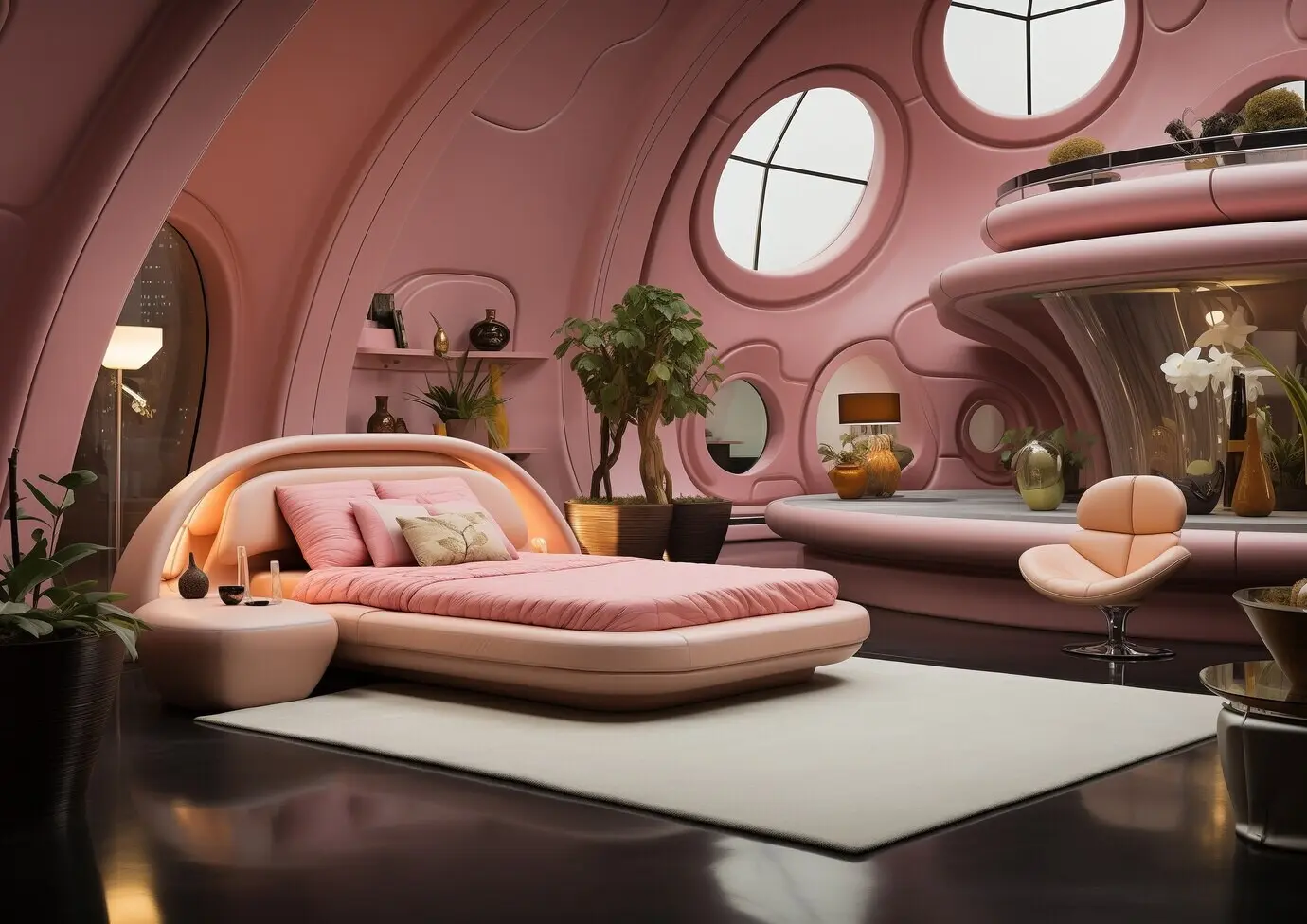 Ansicht eines Schlafzimmers mit futuristischem Dekor und Stil